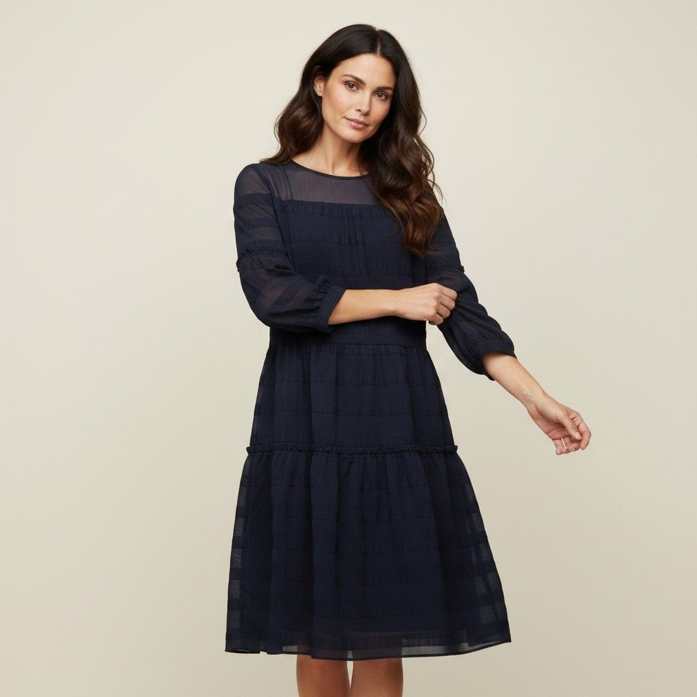 Banana Republic Navy Blue Tiered Shift Dress Sheer Yoke Pleated Ruffle Size 8